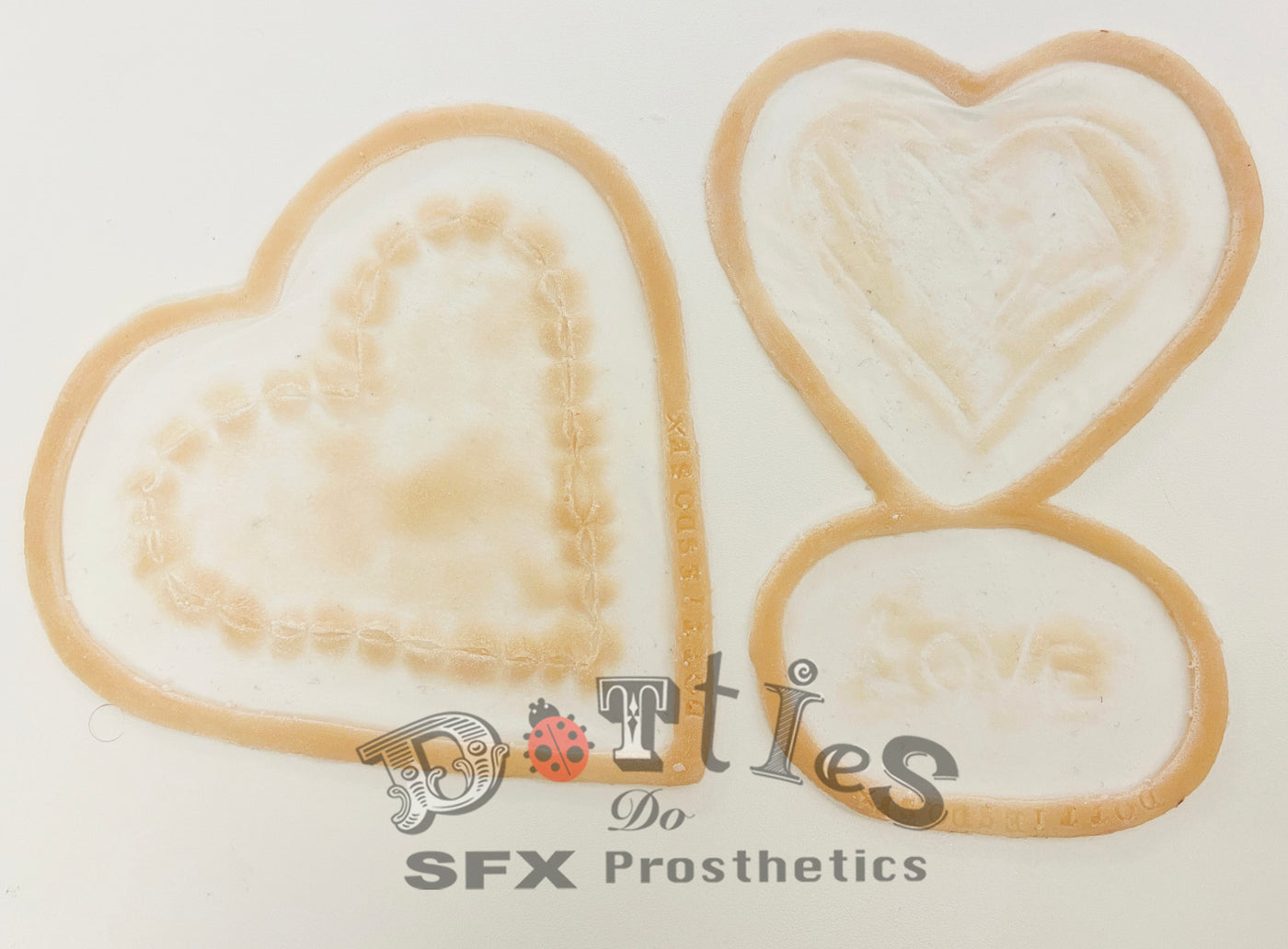 Pack of 3 Unpainted Silicone Prosthetic Heart patch with stitches plus Heart and Love Carving
